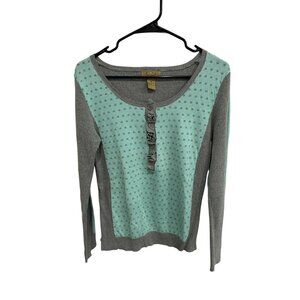 Peck & Peck Weekend Polka Dot Henley Pullover Sweater Mint Gray Sz Medium Knit